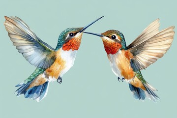 Fototapeta premium Two colorful hummingbirds in mid-flight, showcasing their vibrant plumage and elegance.