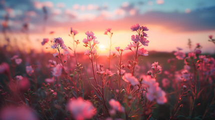 A field of vibrant pink wildflowers glowing under the warm, golden rays of the setting sun. soft, dreamy bokeh effect in the background.