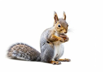 Obraz premium Gray squirrel holding nut isolated on white background.