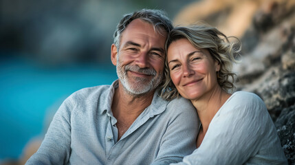 Happy Mature Couple Relaxing Outdoors by the Sea