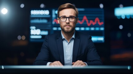 A business reporter in a professional studio setting, reading from a teleprompter with charts and economic data displayed on screens behind them.
