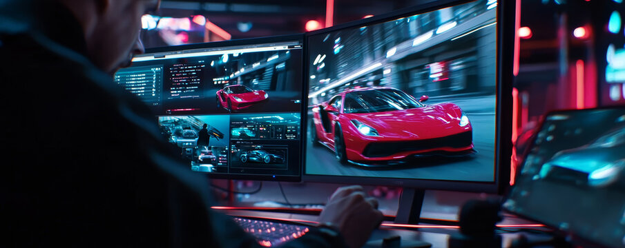 A CGI creator adjusting the color balance and motion effects of a scene showing an action-packed car chase, surrounded by reference materials and screens.
