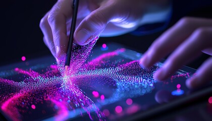 A close-up of a CGI creator's hands using a tablet and stylus to add intricate details to a digital model of a futuristic vehicle, displayed on a screen.