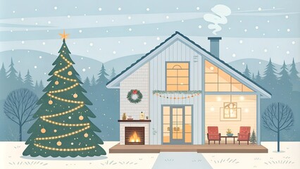 christmas card with house and tree