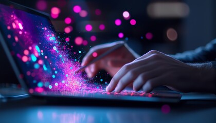 A close-up of a CGI creator's hands using a tablet and stylus to add intricate details to a digital model of a futuristic vehicle, displayed on a screen.