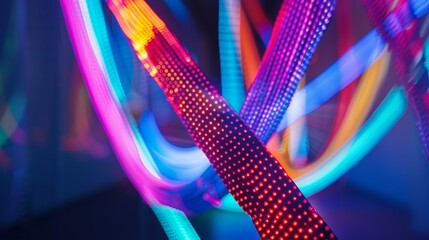 Abstract background with bright colorful led lights forming curved and straight lines while moving in front of a dark background