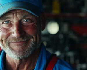 A close-up of an experienced senior mechanic's face, showing oil smudges and wrinkles, as he smiles proudly in a garage filled with tools.