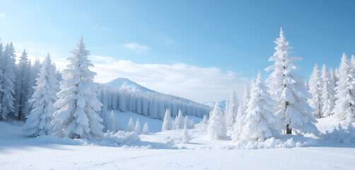 A charming winter scene with the purest snow, majestic fir trees adorned with fluffy frost and virgin white snow. A classic postcard landscape under a serene blue sky and a shimmering sun.