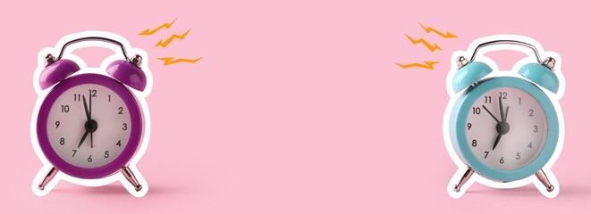 Ringing alarm clocks on pink background with space for text