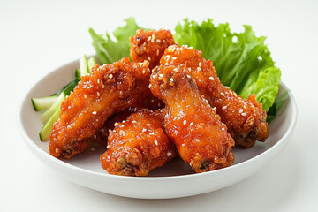 A plate of Korean fried chicken wings with sweet and sour sauce, isolated on a white background,
