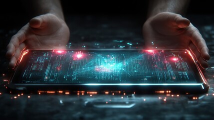 Hands holding a futuristic smartphone with glowing digital data.
