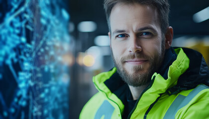 A logistics manager in a control room, monitoring a digital dashboard with real-time tracking data and maps showing delivery routes.