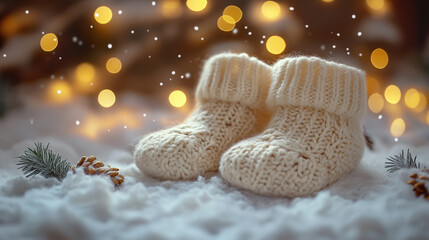 A cozy image of baby booties in a winter setting, evoking warmth and joy during the holiday season.
