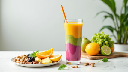 Fototapeta premium A vibrant smoothie with colorful fruits and a side of nuts, displayed on a white surface.