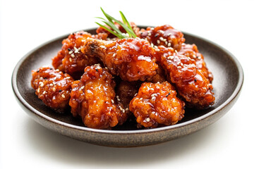 A plate of Korean fried chicken wings with sweet and sour sauce, isolated on a white background,