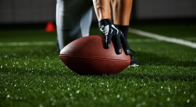Football player kneeling on field ready to snap the ball in low light. - Powered by Adobe