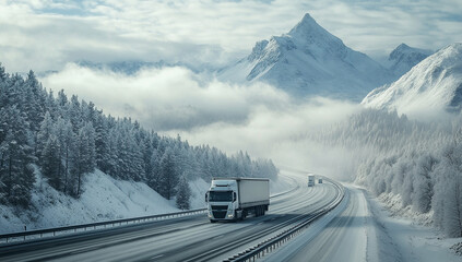 A truck is driving on the highway in winter, with snow-covered mountains and clouds in the...