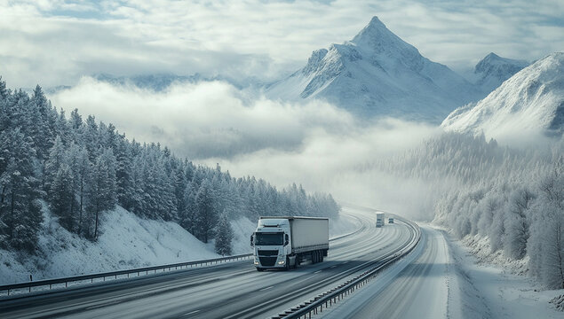 A truck is driving on the highway in winter, with snow-covered mountains and clouds in the background