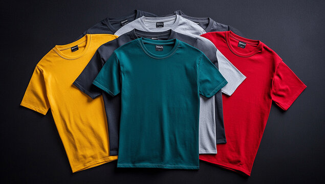 A variety of colorful t-shirts are displayed on the table in different colors and sizes.