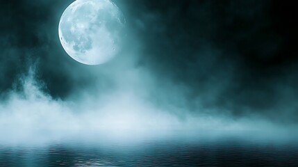 Fototapeta premium An atmospheric stock photo showcasing a tranquil moonlit night, with the moon glowing brightly and surrounded by a soft mist that adds an ethereal quality to the serene water surface.