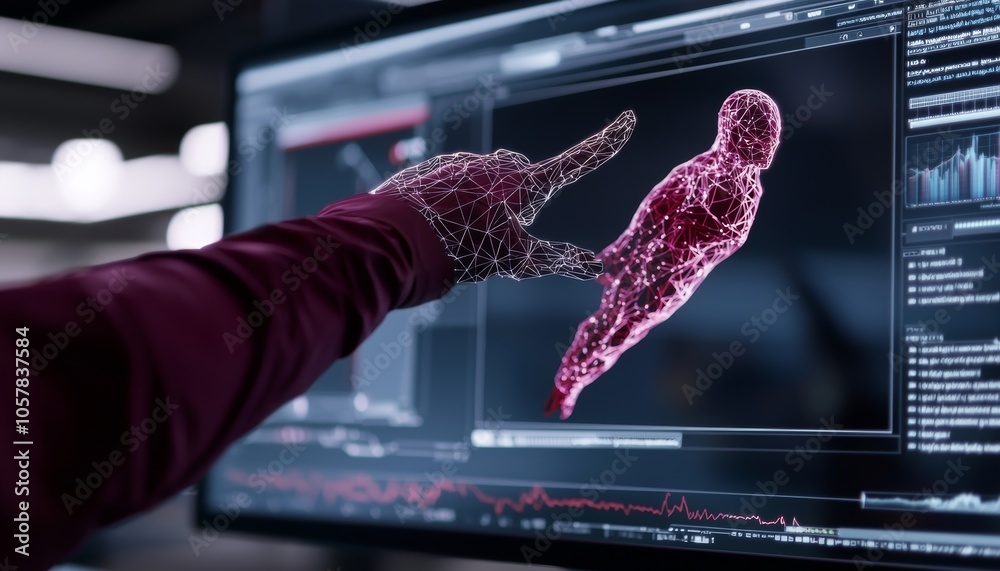 Fototapete a vfx creator animating a superhero flying sequence, with monitors showing wireframes, light paths, 