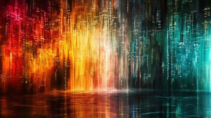 Fototapeta premium A vibrant digital waterfall with cascading data streams in various colors, representing the flow of information. Energetic and dynamic visual abstraction.