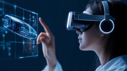 A VFX professional wearing a headset, reviewing a 3D animation of a spaceship on a curved digital screen, with holographic controls visible.