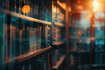 Blurred bookshelf in vintage library room for background design.