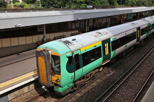 CROYDON, UK - JULY 8, 2024: British Rail Class 377 passenger train Bombardier Electrostar in West Croydon, Greater London, UK. It is operated by Southern (Govia Thameslink Railway).