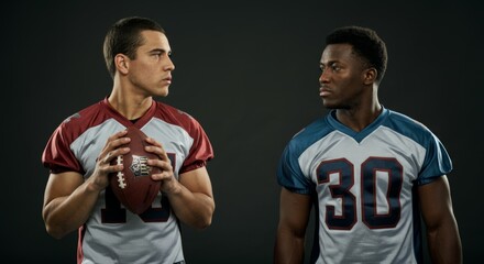 Fototapeta premium Two American football players in jerseys facing each other holding football