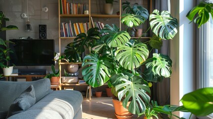 Fototapeta premium Monstera plant in cozy living room with sunlight