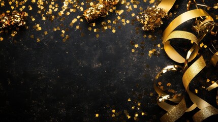 Naklejka premium Glittering Gold Ribbons and Confetti on Dark Background