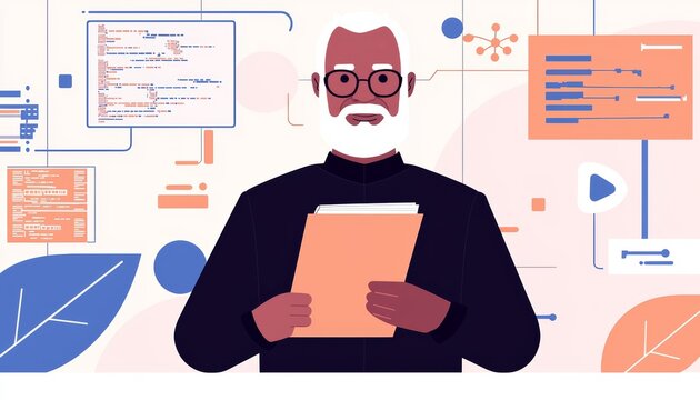 An elderly African software developer working remotely from home, surrounded by books, a desktop computer, and coffee on their desk.