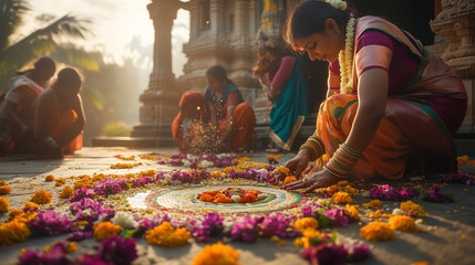 Marghazhi festival, women wearing traditional saris sprinkle colorful flowers on the ground to make beautiful kolam patterns in front of the temple, Ai generated images