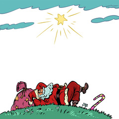 The holiday is coming, winter is near. New Year's Christmas night and time of gifts. Santa Claus lies and looks up.