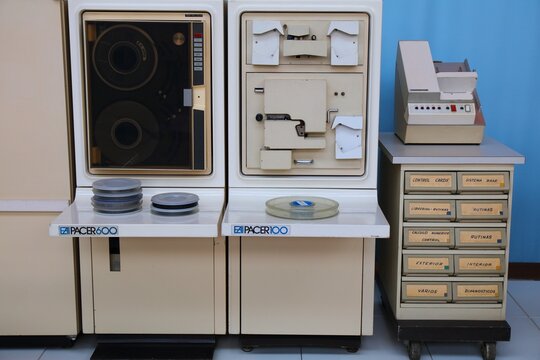 TERRASSA, SPAIN - OCTOBER 6, 2021: EAI Pacer 600 hybrid computer and EAI Pacer 100 obsolete analog computer system. Collectible vintage computer hardware.