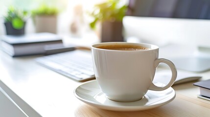 Fototapeta premium Home Office: Someone working at their desk with a computer, cup of coffee, and office objects