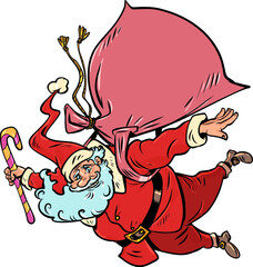 Santa Claus falls down with a bag and a lollipop. Delivery of gifts all over the world. The coming New Year and its symbol.