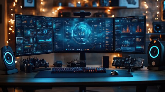 Modern gamer's setup with triple monitors, keyboard and mouse.