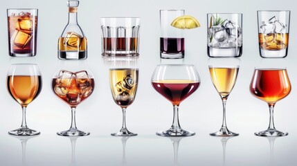 Strong Spirits Set. Hard alcoholic drinks in glasses in assortment: vodka, cognac, tequila, brandy and whiskey, grappa, liqueur, vermouth, tincture, rum