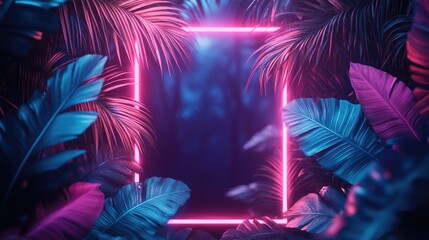Tropical Neon Frame with Blue and Pink Palm Leaves, Vibrant Glowing Borders, and Dark Background, Ideal for Party Invitations, Advertisements, and Designs with a Modern, Futuristic Vibe