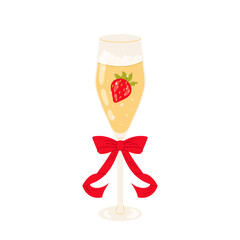 Champagne glass with red ripe strawberries. Red bow.  Celebration toast. Alcoholic drink. Flat illustration on white background.