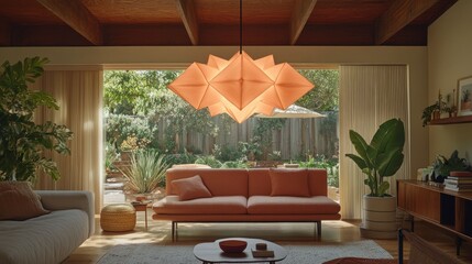 Fototapeta premium Modern living room with a pink couch, a unique chandelier, and large windows overlooking a lush backyard.