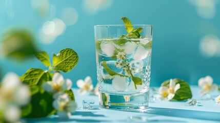 Transparent glass of fresh cocktail with mint leaves and flowers placed on surface against blue background