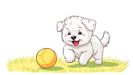 Illustration of a cute Maltipoo dog enthusiastically playing with a yellow ball, showcasing its playful nature. Generative AI