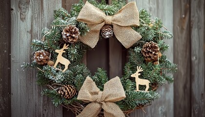 A close-up of a rustic Christmas wreath made from grapevine, adorned with pinecones, burlap bows, and tiny wooden reindeer ornaments, hanging on a barn door.