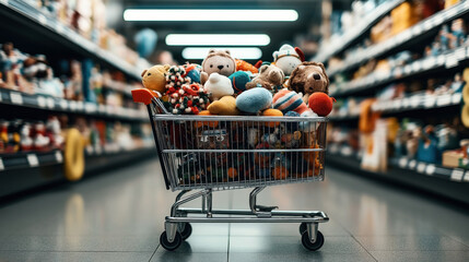 Shopping cart filled with various colorful stuffed toys in a toy store aisle with shelves full of products.