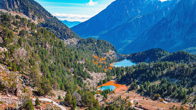 Aig&uuml;estortes i Estany de Sant Maurici National Park. General view of the two lakes of Ratera