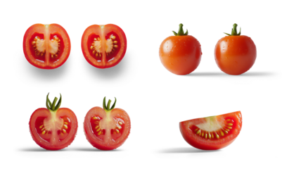 Fresh red tomatoes, whole, halved, and quartered, on transparent background