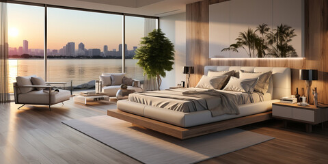 Fototapeta premium A luxurious modern bedroom with floor-to-ceiling windows overlooking a waterfront cityscape at sunset, decorated with neutral tones and elegant furnishings.